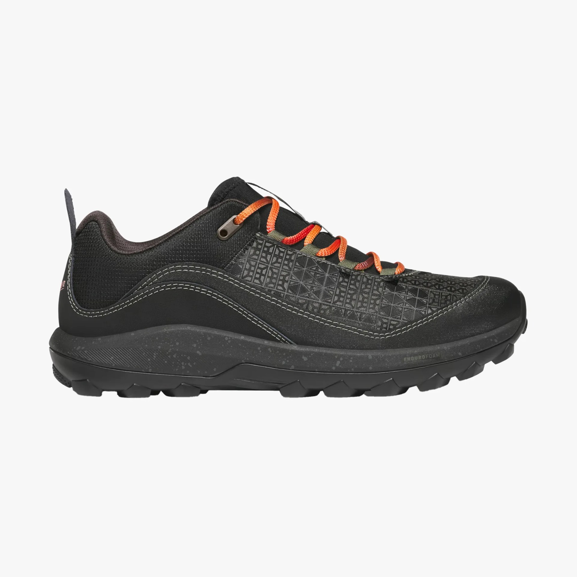 Black low-top hiking shoe with orange laces and textured side panels.