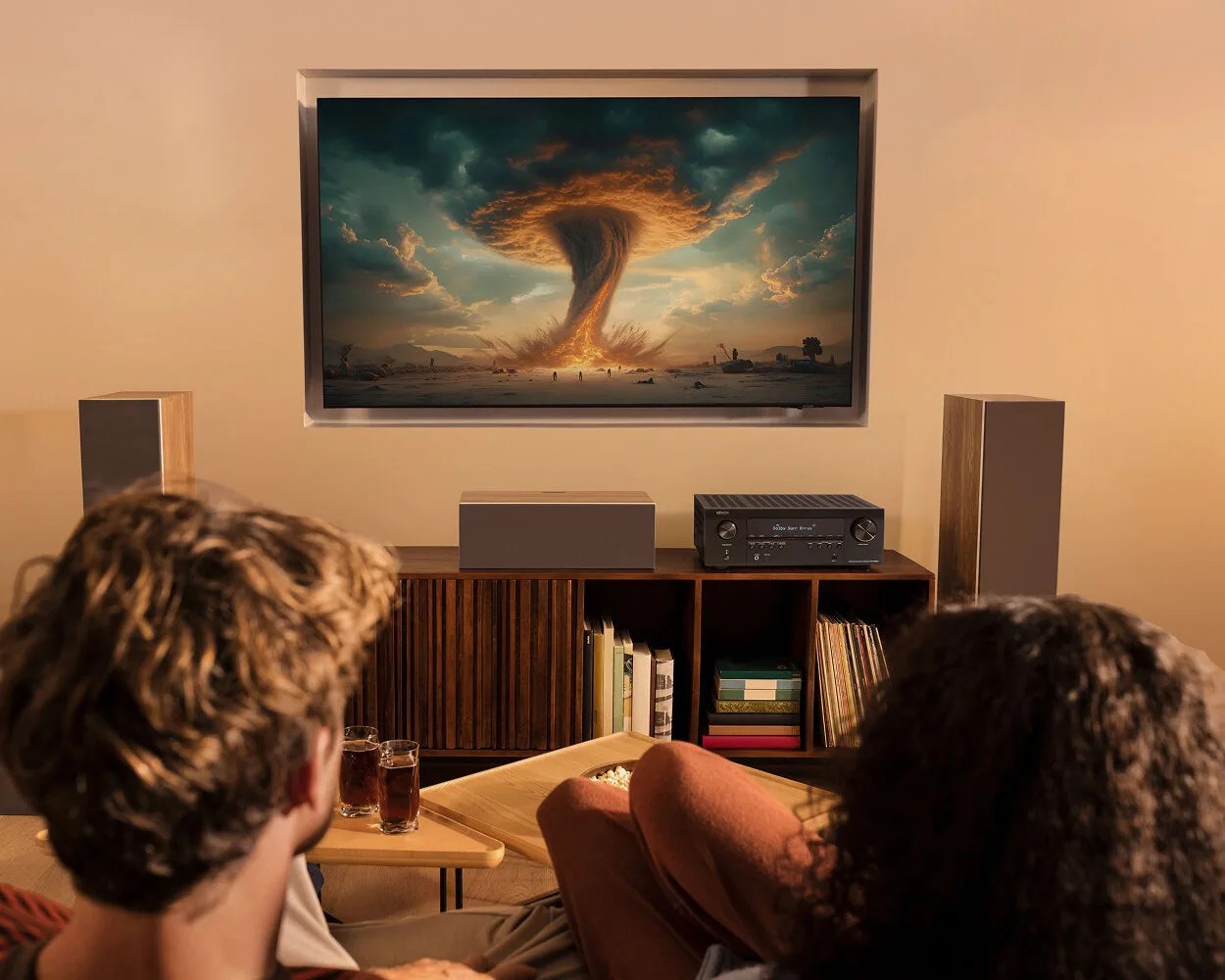Two people watching a flat-screen TV displaying a tornado scene in a living room with wooden speakers and a media console.