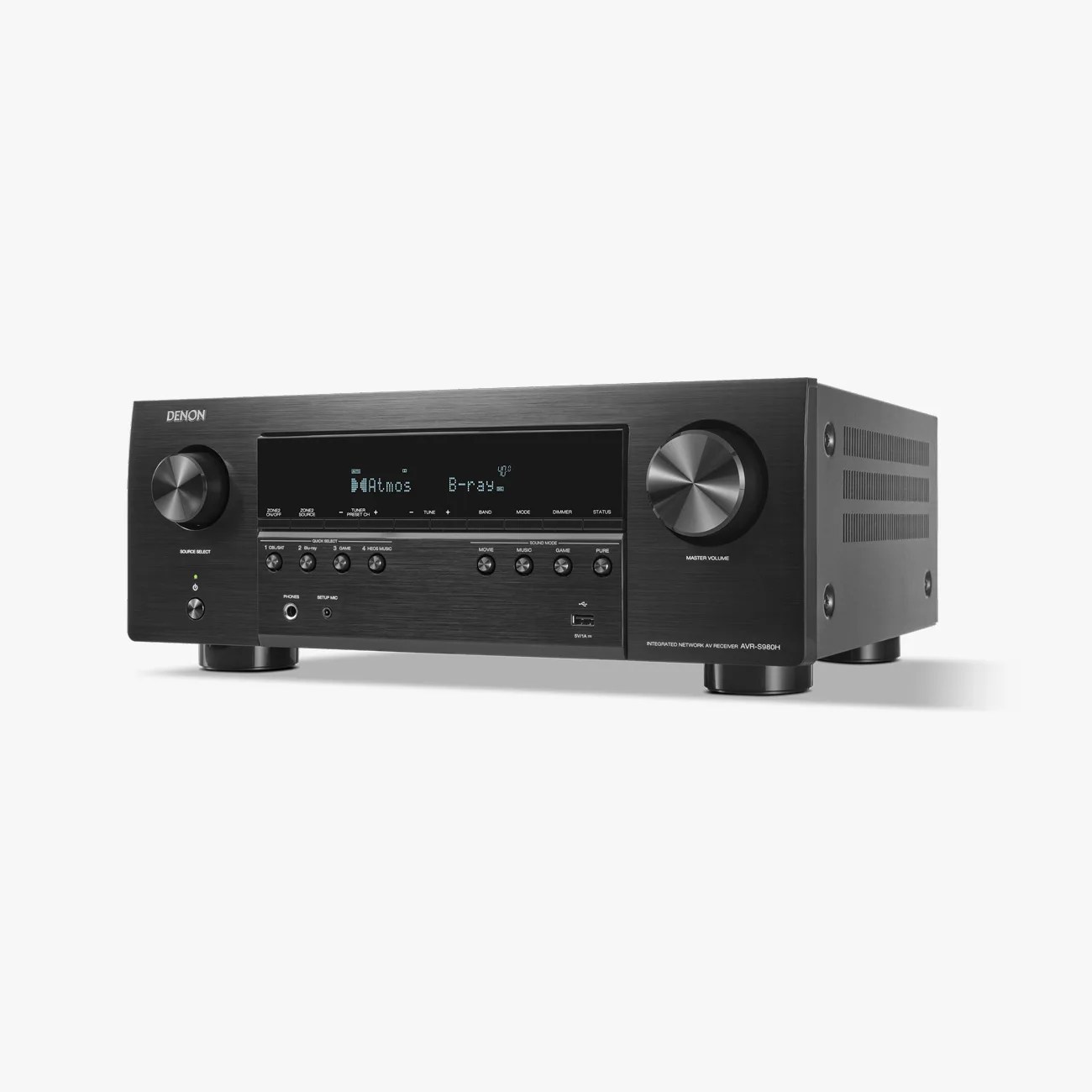 Black Denon AVR-S980H integrated network AV receiver with digital display and control knobs.