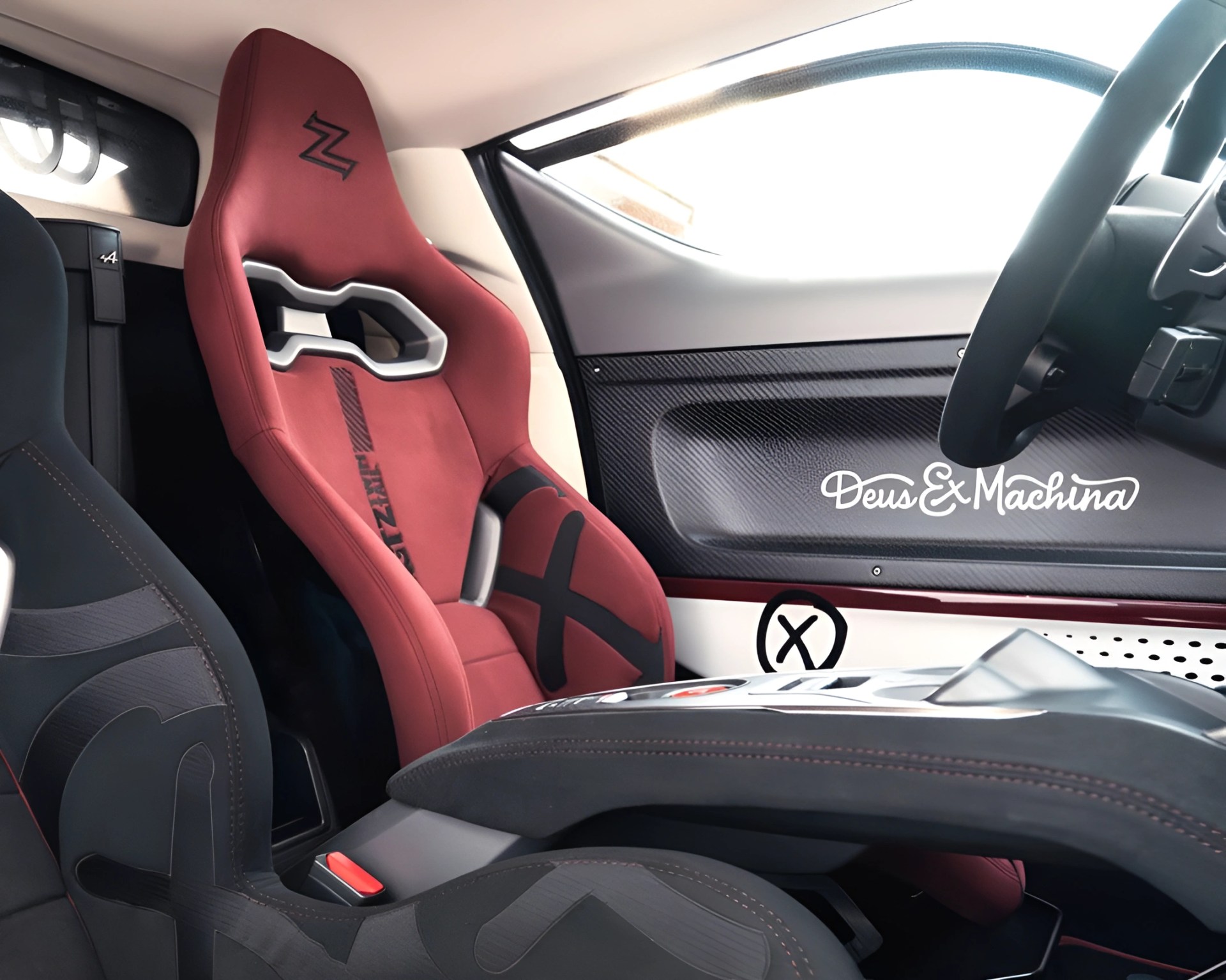 Red racing seat with black "Z" logo and black harness in a car interior with carbon fiber door panel.