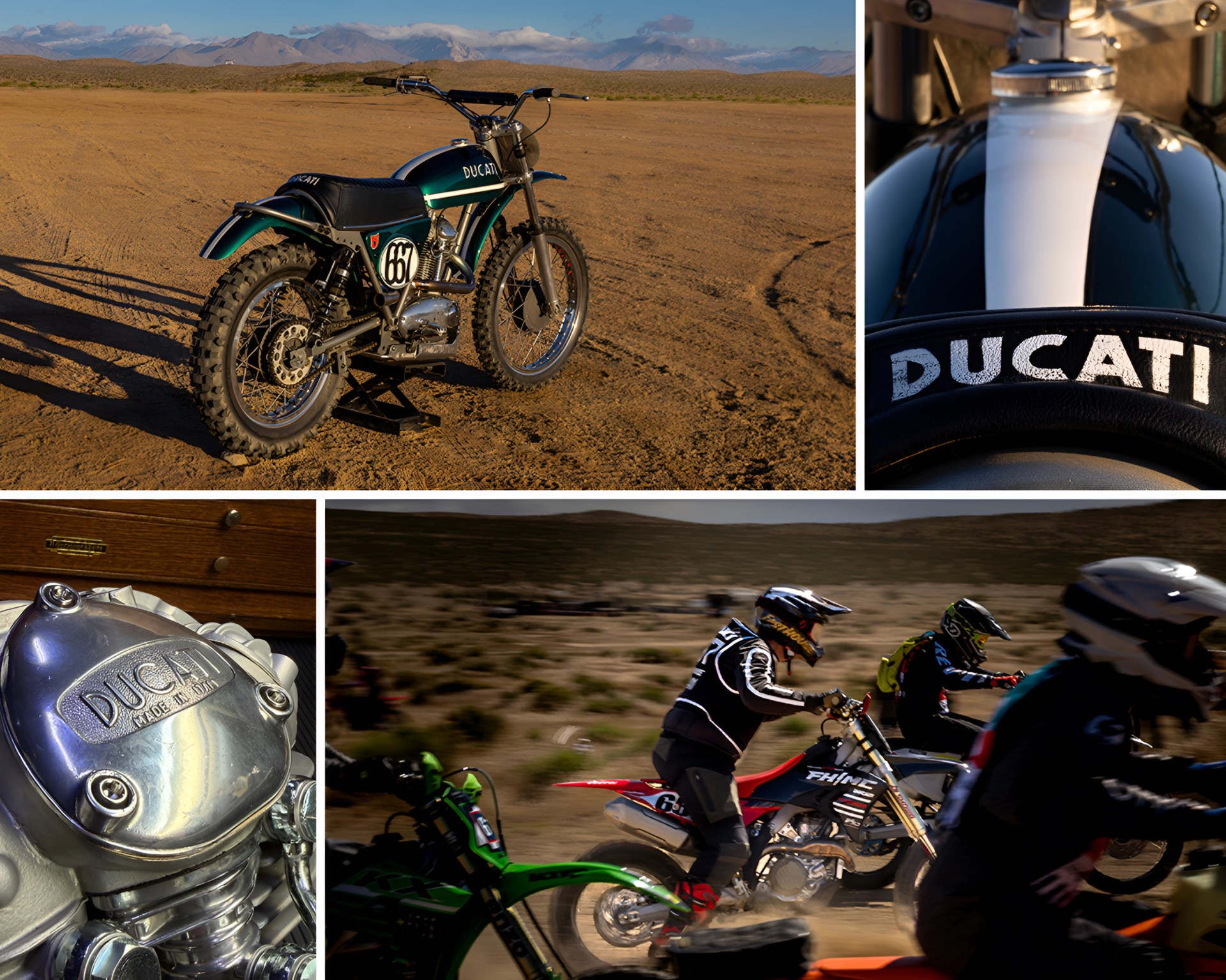 - Green vintage Ducati dirt bike with number 661 on desert terrain with mountains in background. - Close-up of black motorcycle fuel tank with white stripe and "DUCATI" on padded bar. - Shiny silver Ducati engine part with "DUCATI MADE IN ITALY" embossed. - Group of motocross riders in helmets and gear racing on dirt track.