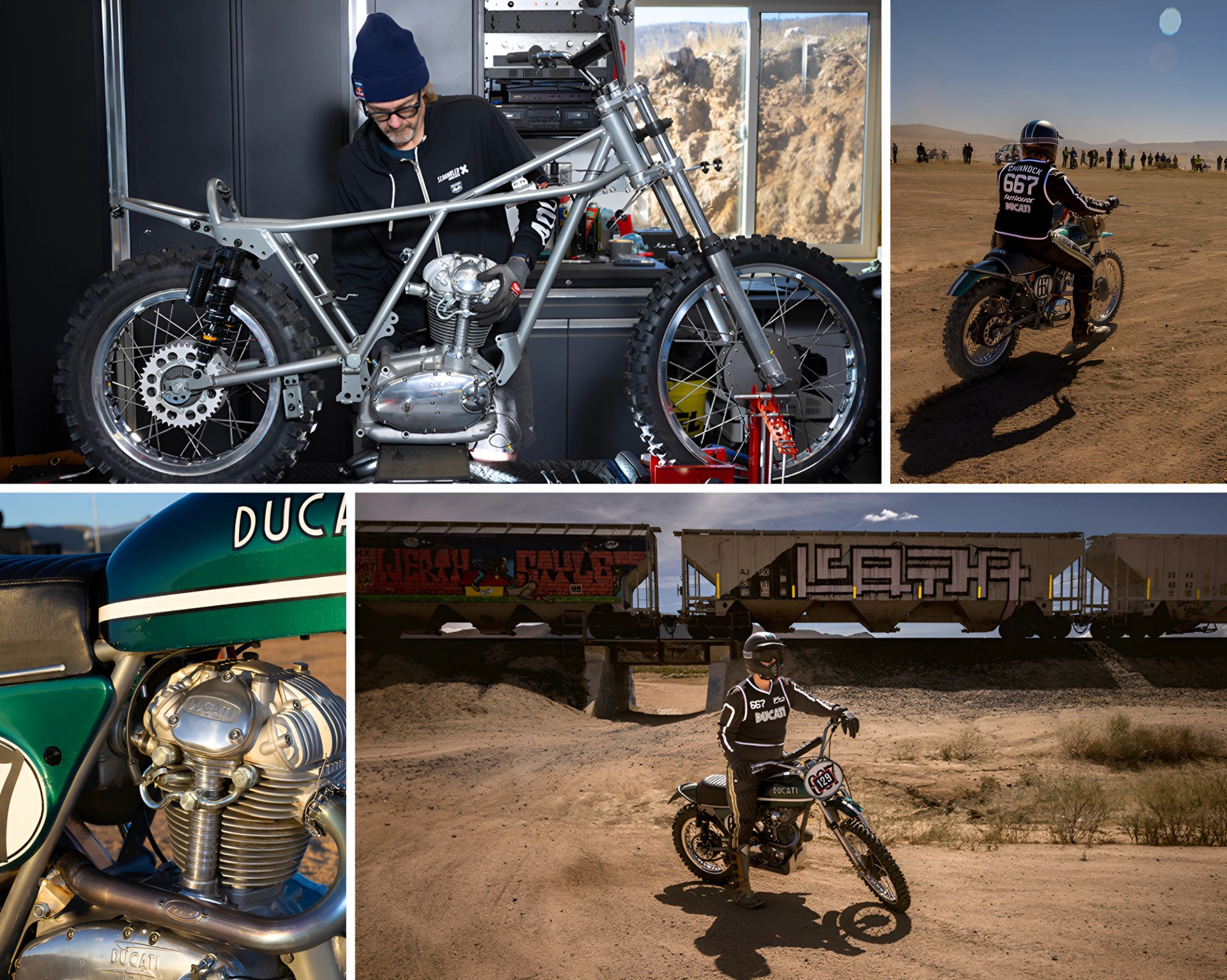 Man assembling a silver motorcycle frame indoors, person riding a dirt bike on a dusty track, close-up of green Ducati motorcycle engine, and rider on a dirt bike under a graffiti-covered bridge.