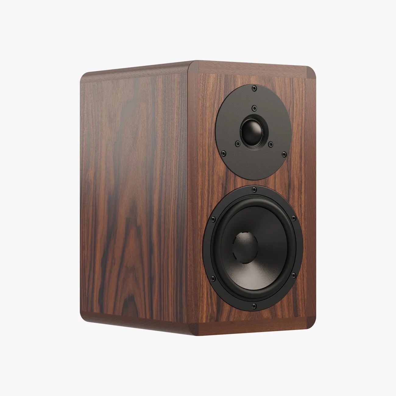 Compact wooden bookshelf speaker with black tweeter and woofer on the front panel.