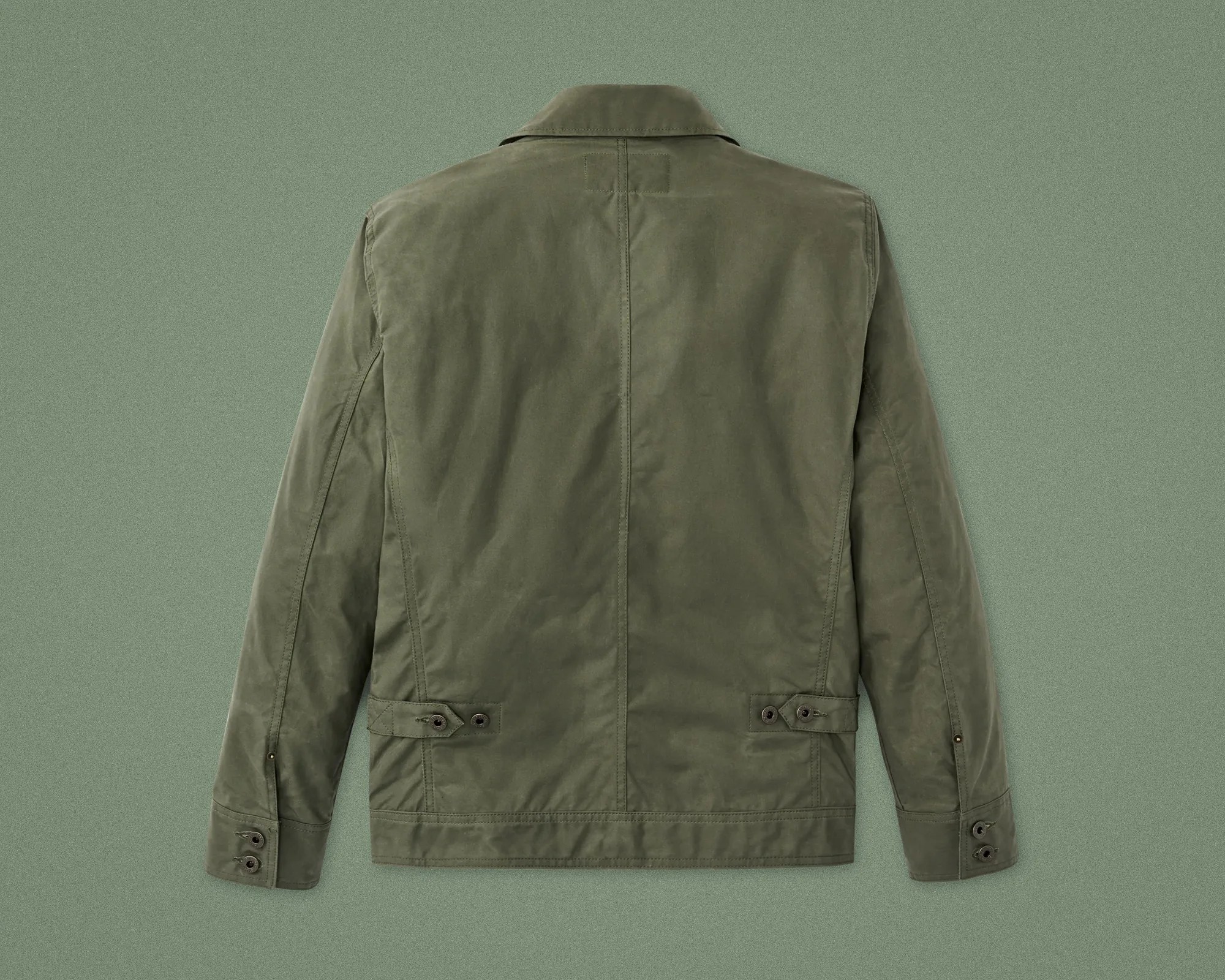 Olive green jacket with buttoned adjustable waist tabs and cuffs shown from the back.