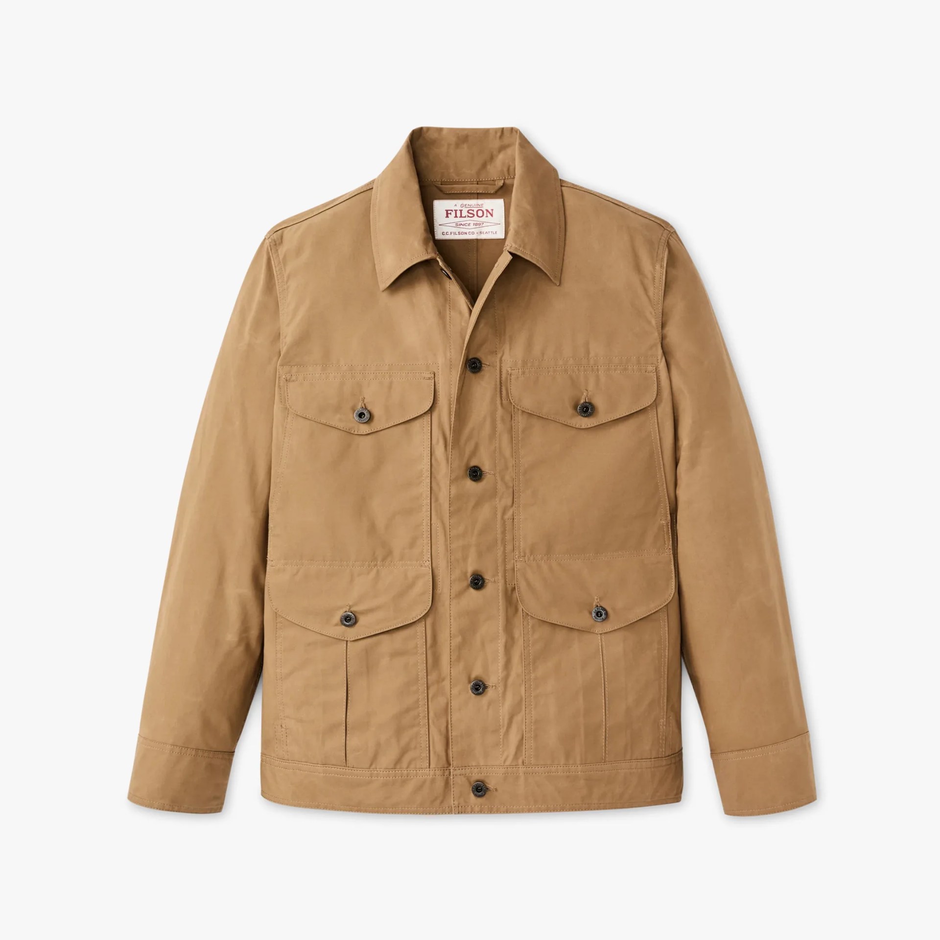 Tan canvas jacket with buttoned chest pockets and a collar, labeled Filson.