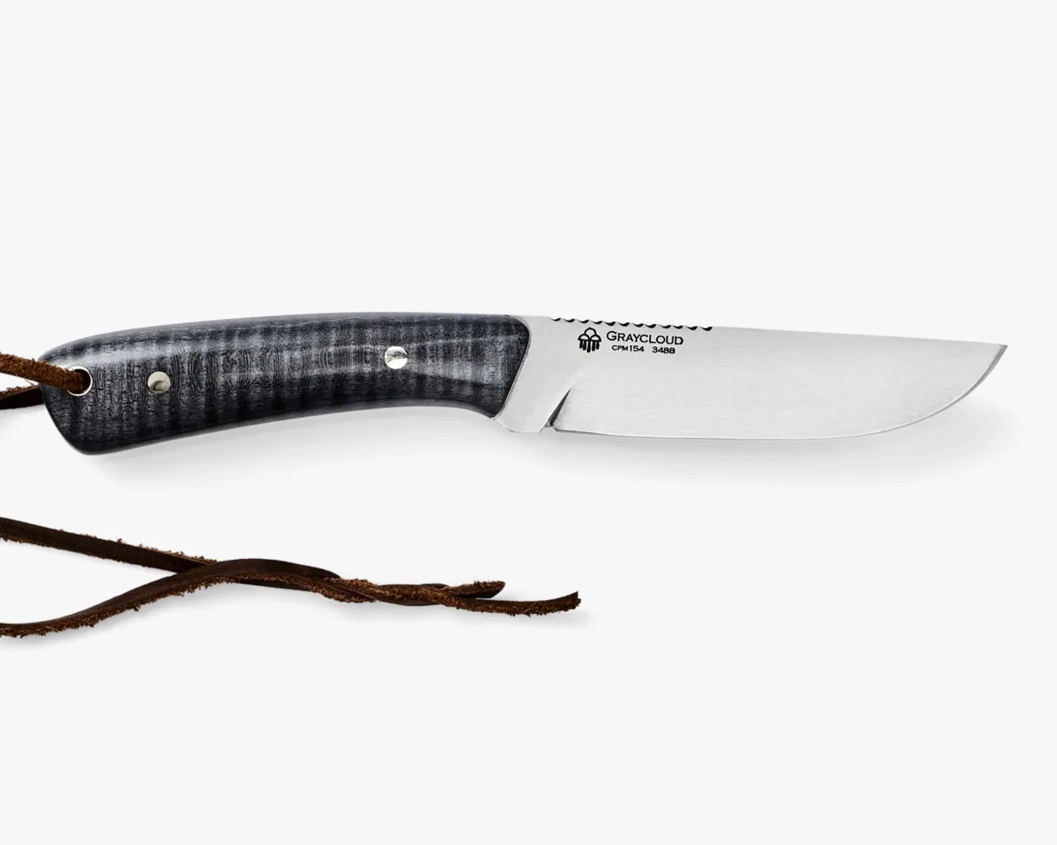 Fixed-blade knife with a polished steel blade and dark textured handle with a leather lanyard.