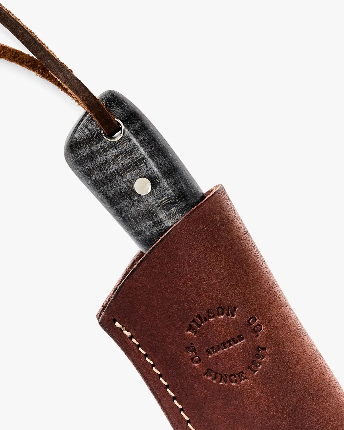 Black wooden knife handle with a leather strap in a brown leather sheath stamped "C.G. HILSON CO. SEATTLE SINCE 1897.