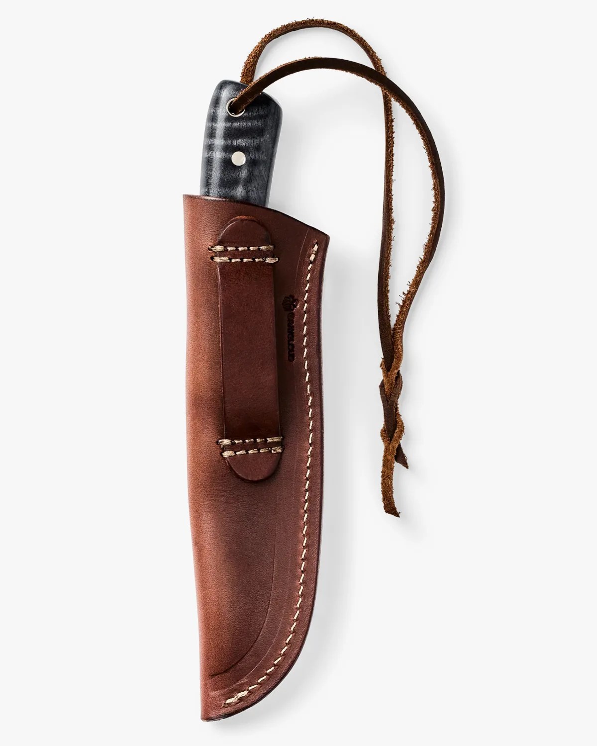 Brown leather sheath with white stitching and a black handle knife partially inserted, featuring a leather strap loop.