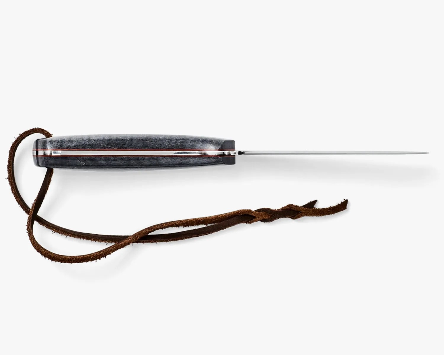 Knife with a dark wooden handle, thin metal blade, and attached brown leather strap.