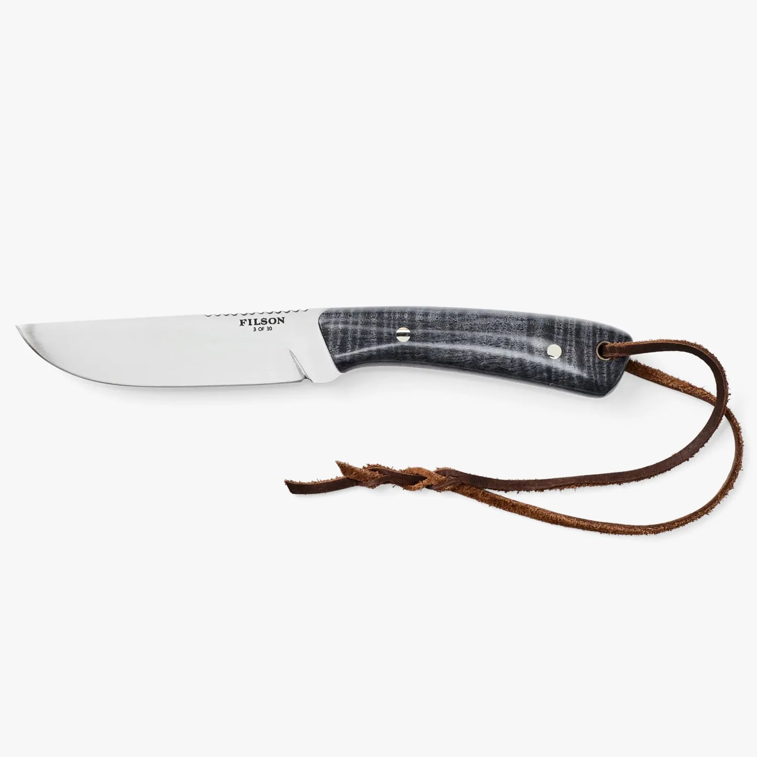 Fixed-blade knife with a polished steel blade, dark textured handle, and brown leather lanyard looped through the handle.