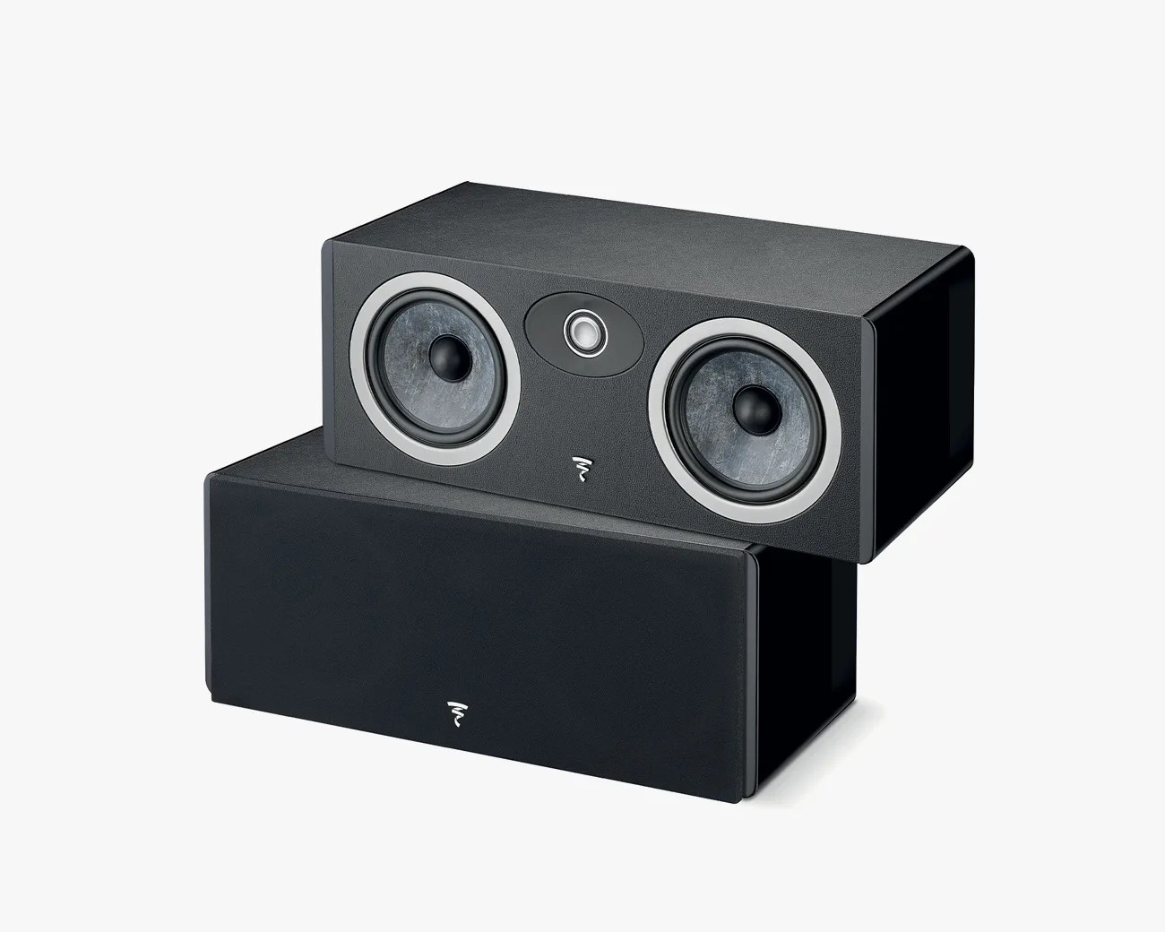 Two black rectangular speakers stacked, one with visible drivers and one with a black grille, both with a white logo on the front.