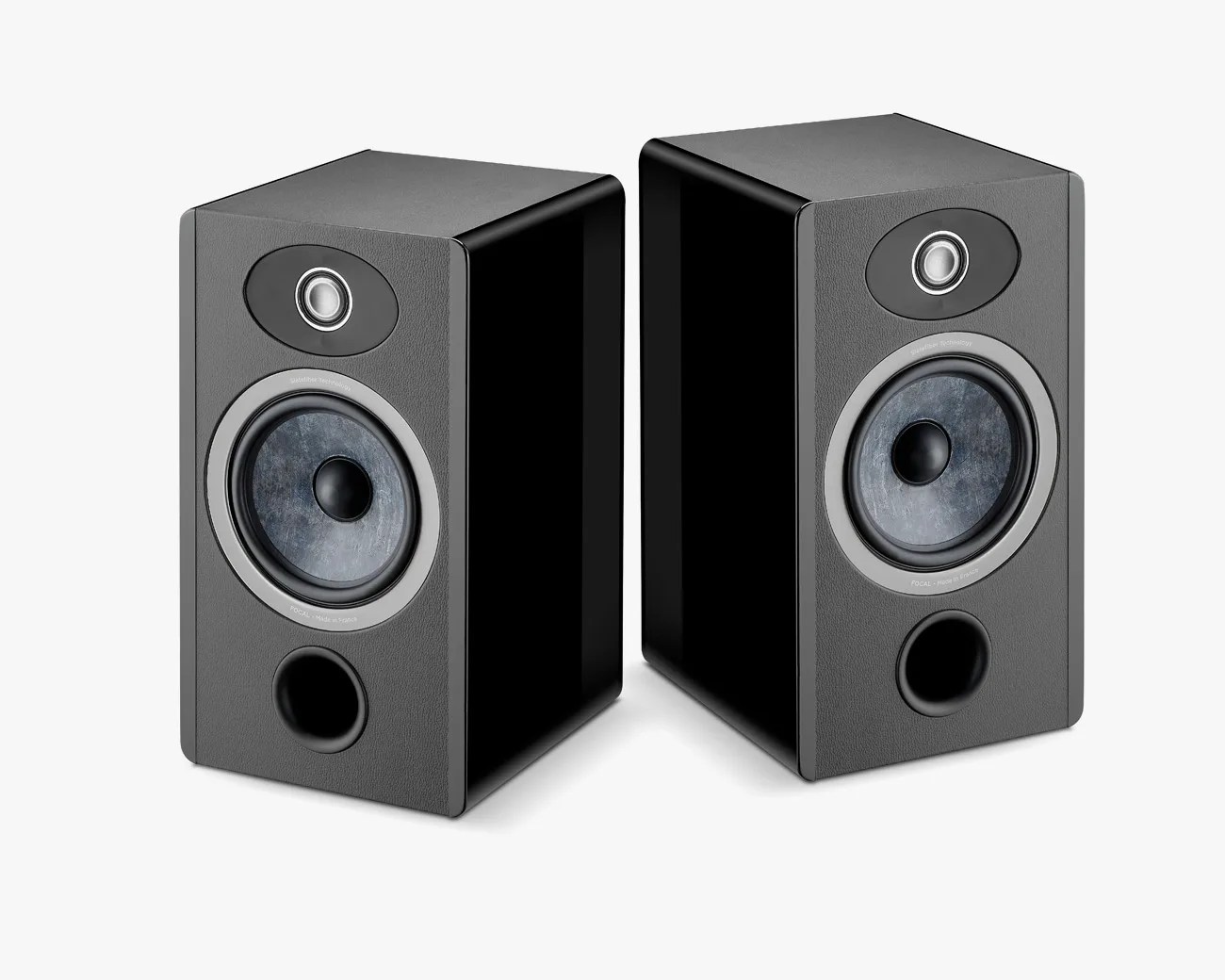 Pair of black rectangular bookshelf speakers with gray front panels and circular drivers.