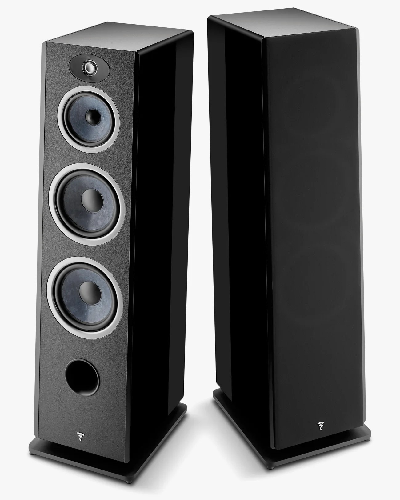 Pair of tall black floor-standing speakers, one with visible drivers and the other with a black grille cover.