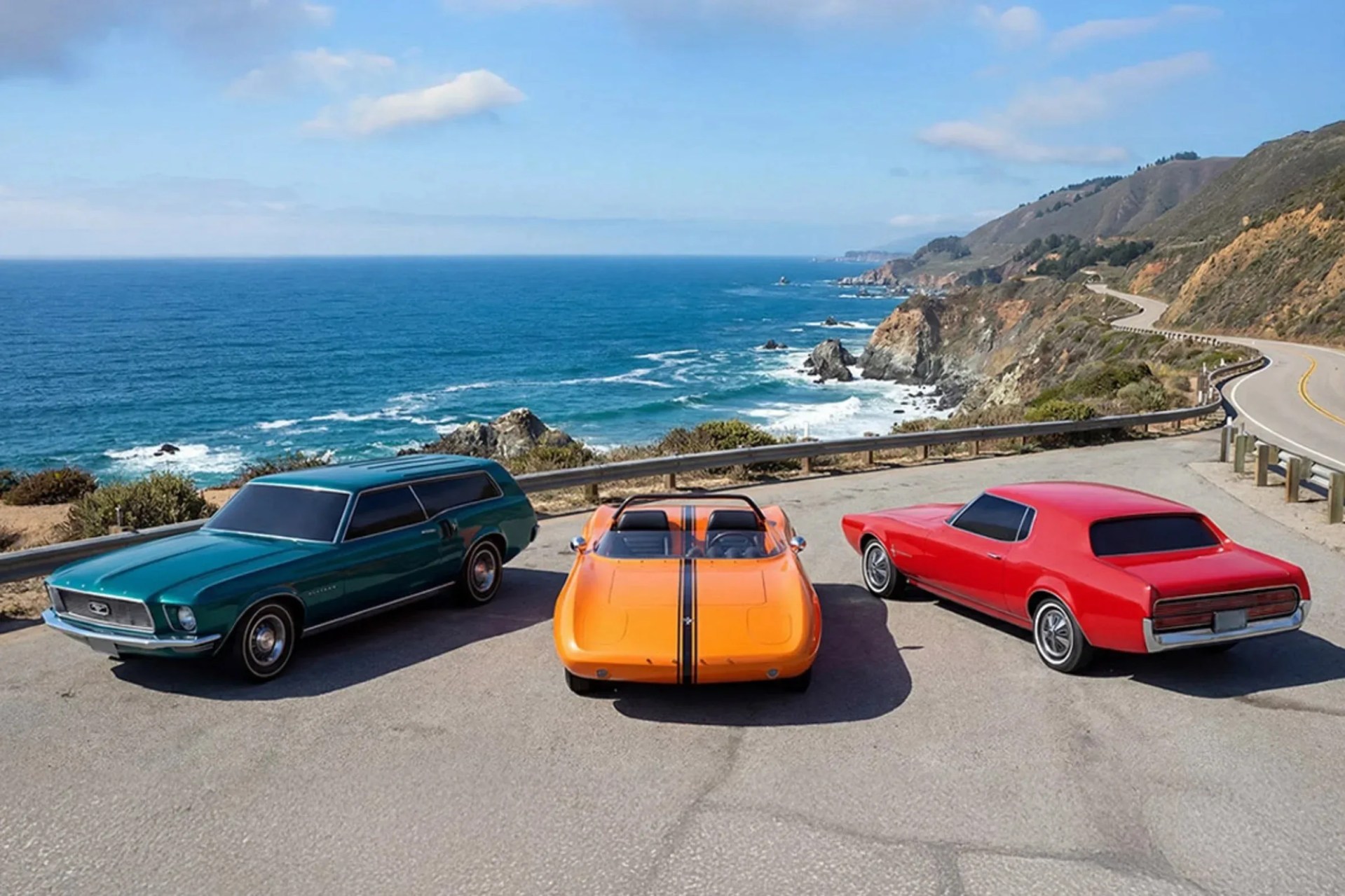 Three classic cars—green station wagon, orange convertible with black stripes, and red coupe—parked by a coastal road.