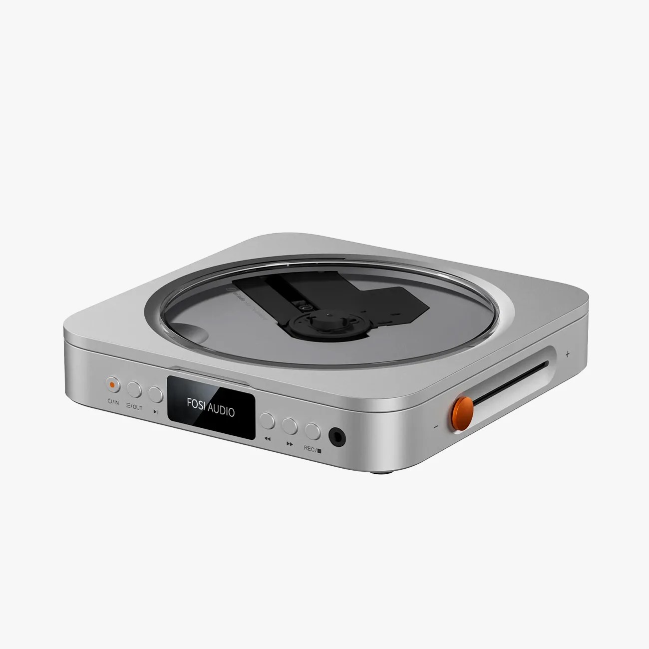 Silver Fosi Audio CD player with black display screen, control buttons, and an orange volume knob.
