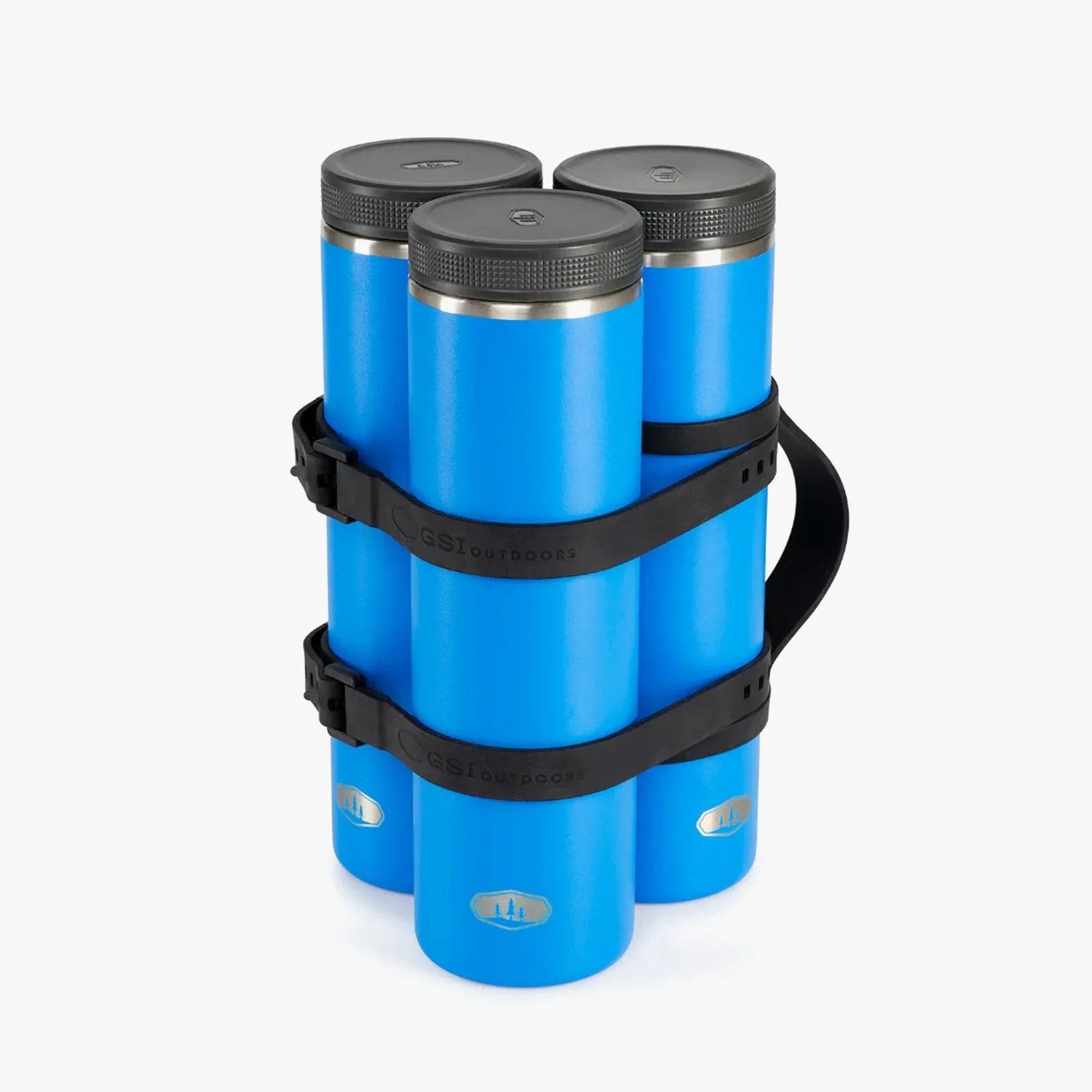 Three blue insulated bottles with black lids secured together by two black adjustable straps.
