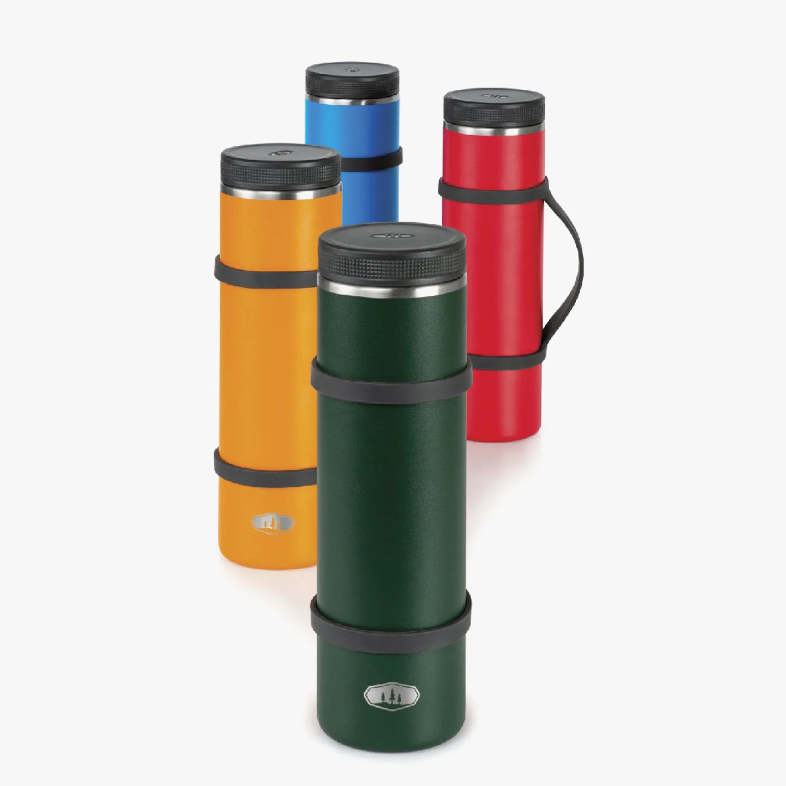 Four colorful insulated thermos bottles in green, orange, blue, and red with black lids and bands.