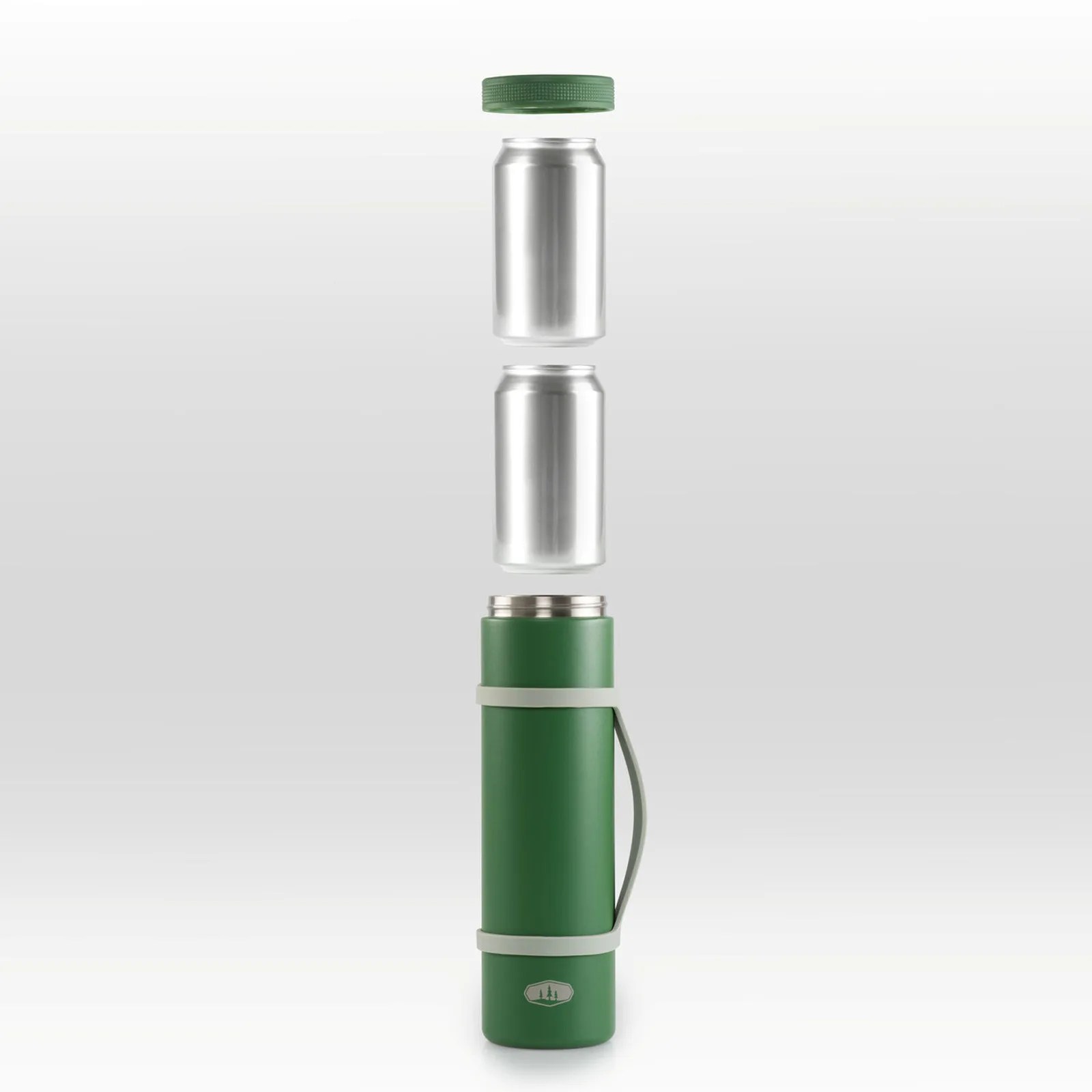 Green insulated bottle with two silver cans and a green screw-on lid floating above it.