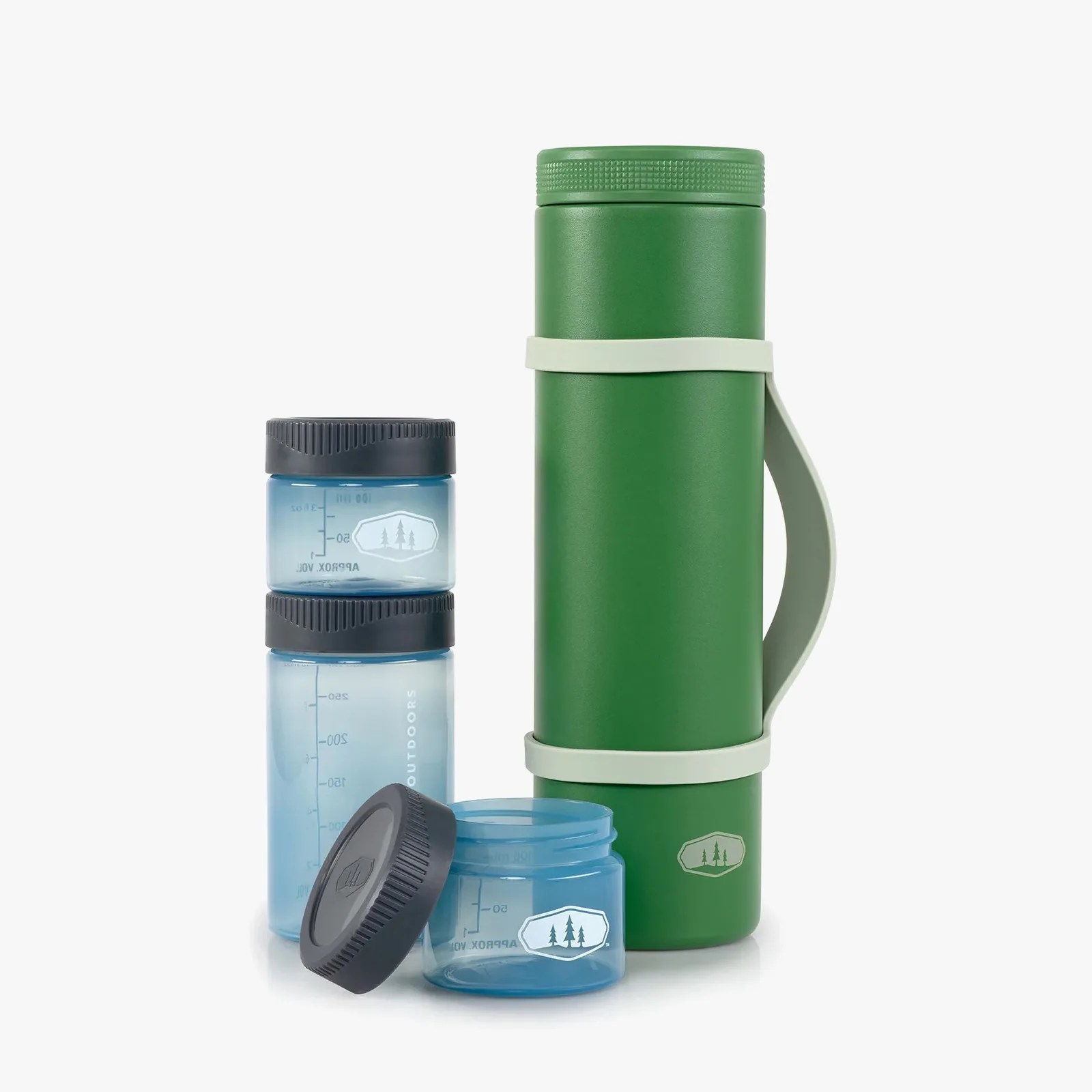 Green insulated bottle with light green handle and three blue plastic containers with black lids.