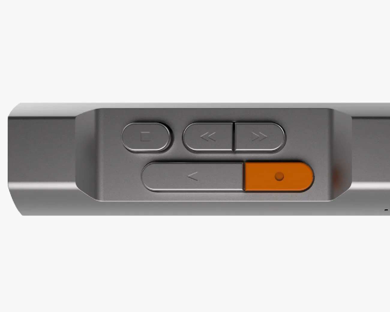 Close-up of a gray device with four buttons, including an orange slider button on the right side.