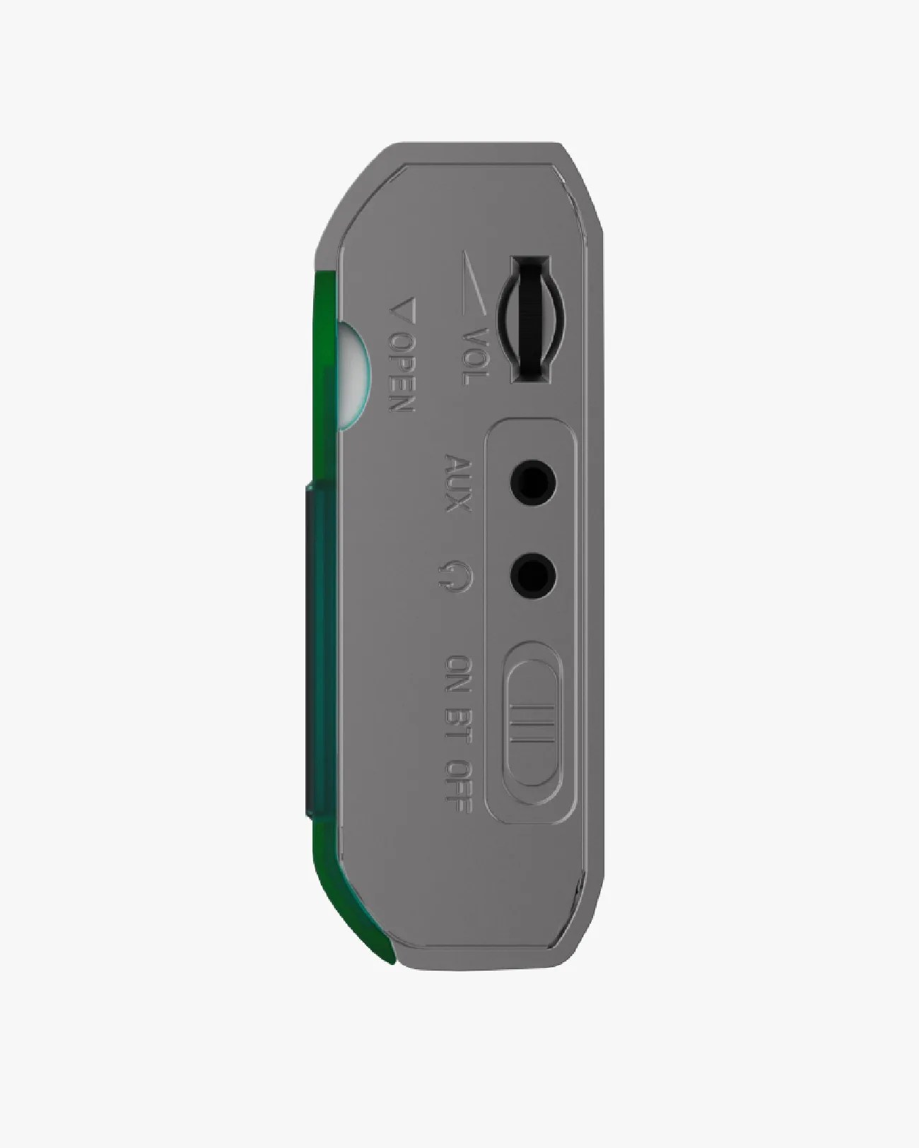 Gray electronic device side panel with volume dial, AUX and headphone jacks, and an on/off Bluetooth switch.