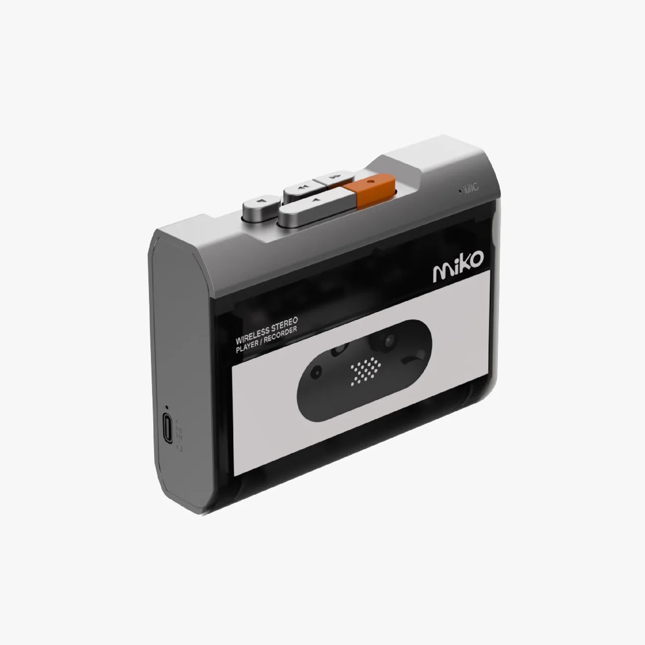 Compact black and gray wireless stereo cassette player/recorder with control buttons on top.