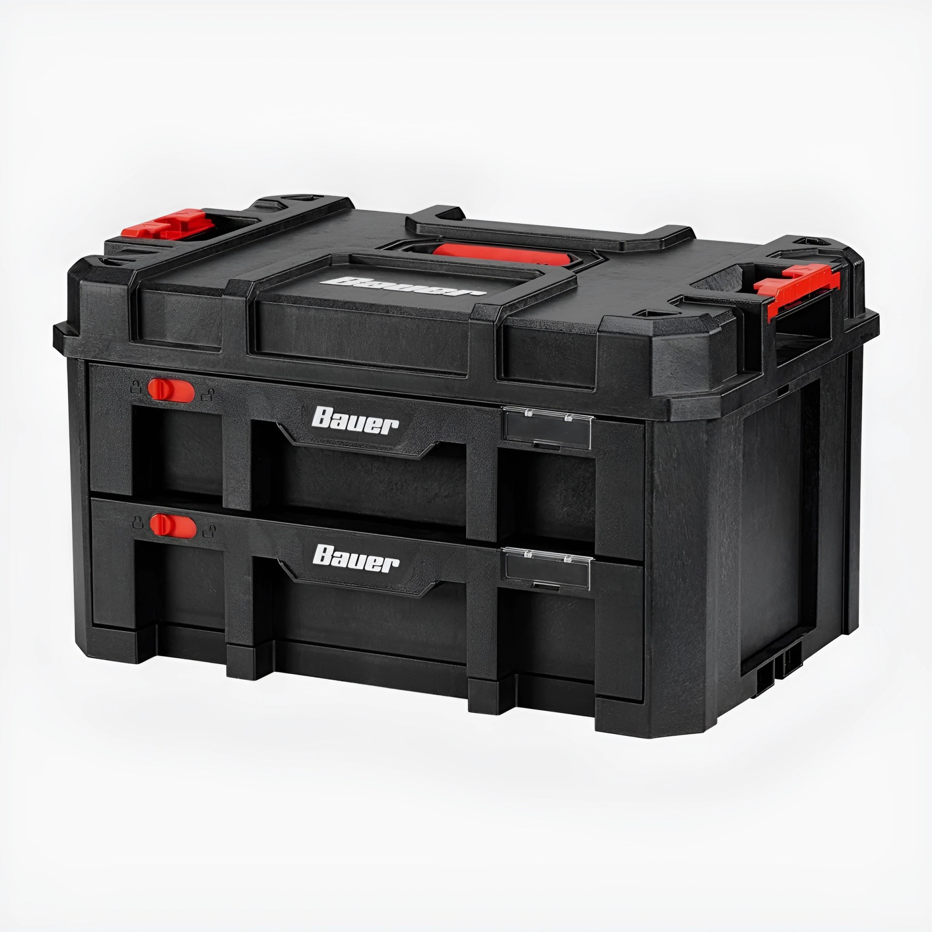 Black Bauer plastic toolbox with two drawers and red locking switches on a white background.