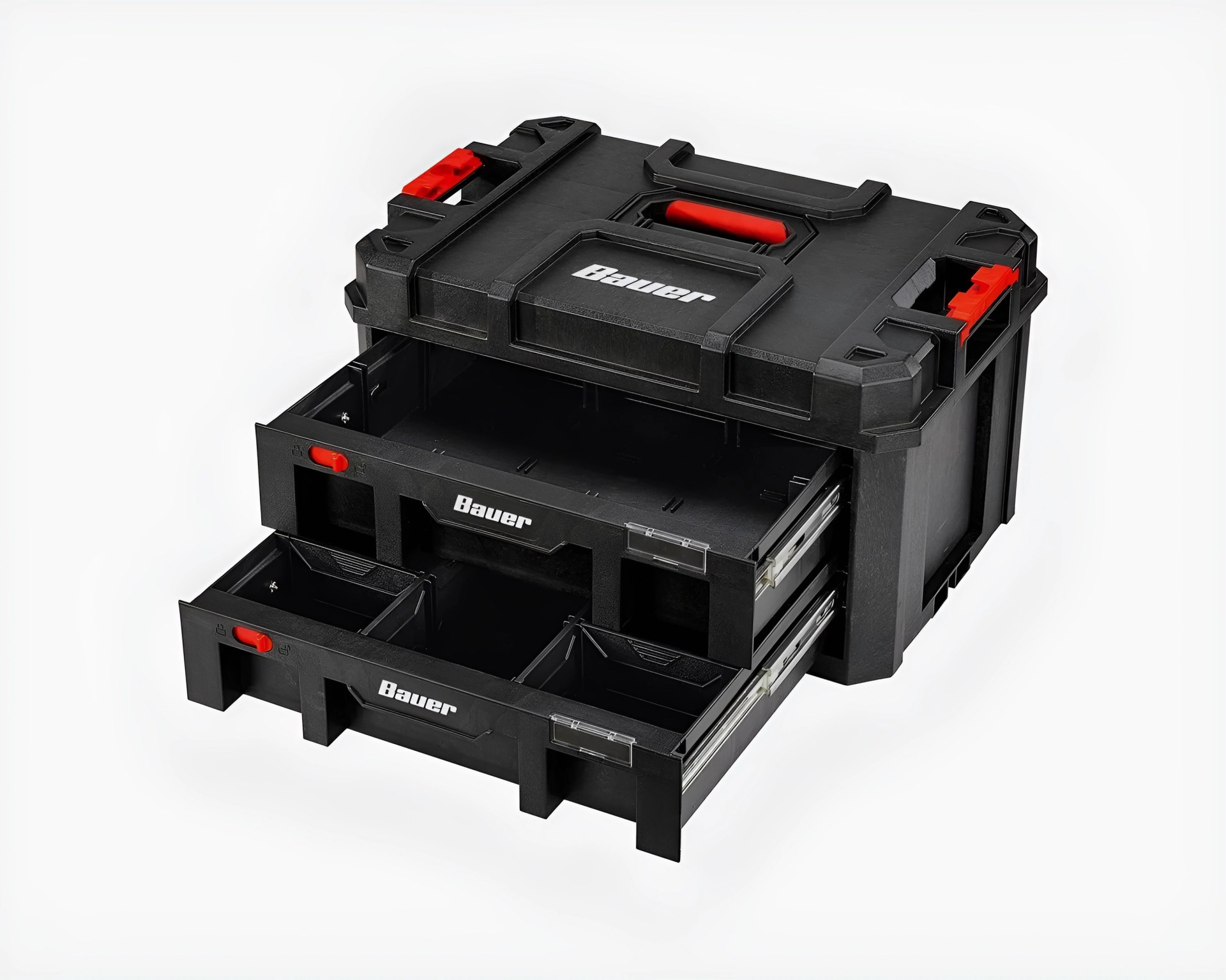 Black Bauer plastic toolbox with two open drawers and red locking latches on a white background.