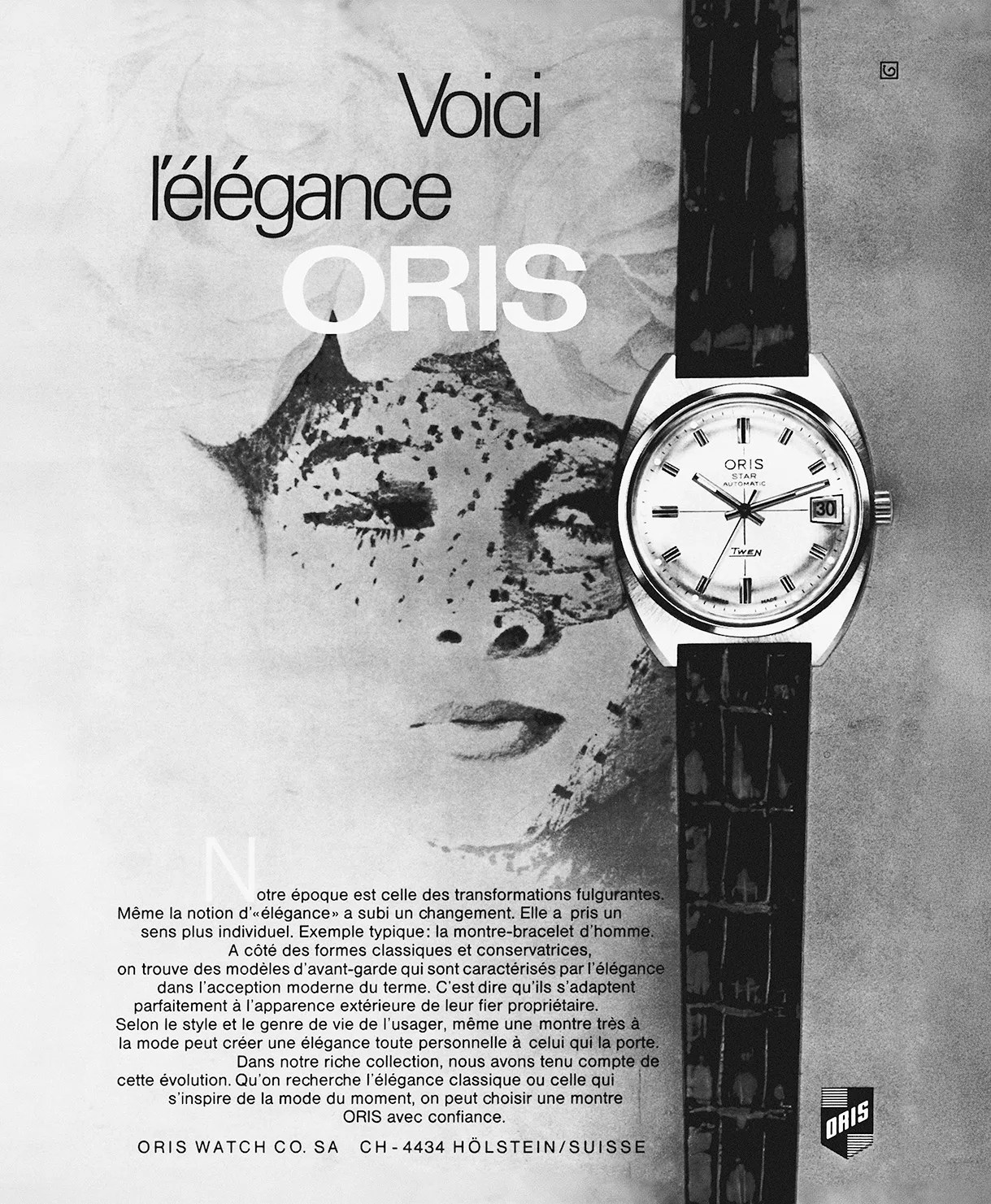 Black and white vintage advertisement featuring an Oris Star Automatic wristwatch with a leather strap beside a stylized female face illustration.