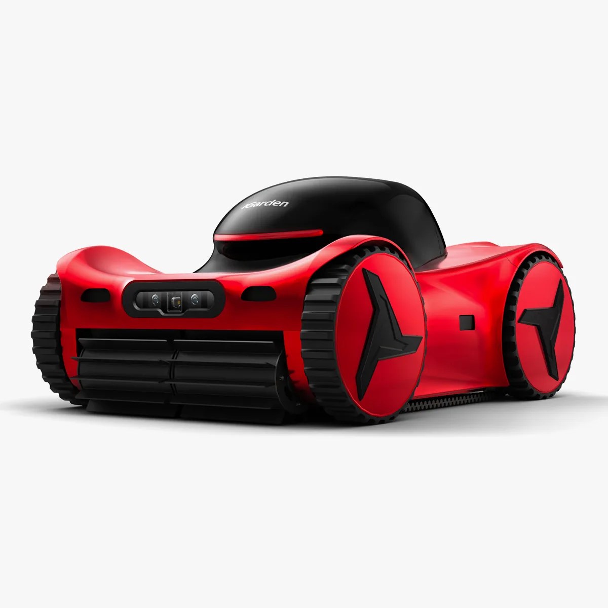 Red and black robotic pool cleaner with large wheels and front brushes on a white background.