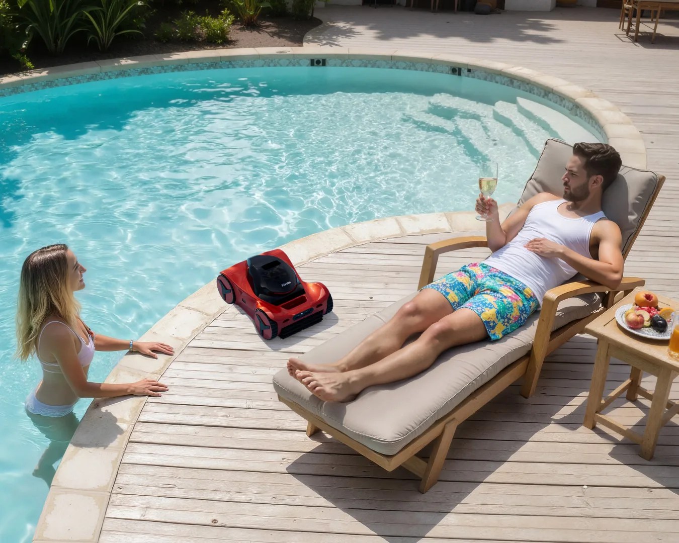 Red robotic pool cleaner on wooden deck near a woman in a pool and a man reclining on a cushioned lounge chair holding a glass.