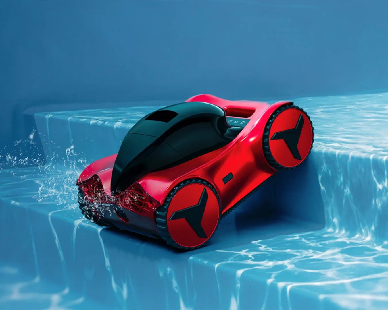 Red and black robotic pool cleaner climbing pool steps with water splashing.