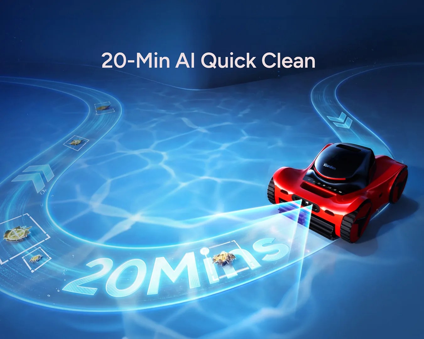 Red robotic pool cleaner scanning debris underwater with "20-Min AI Quick Clean" text above.