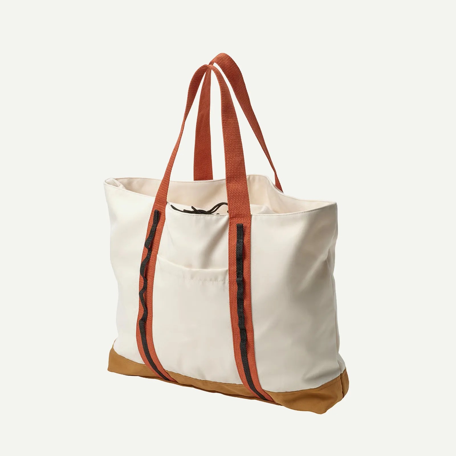 Off-white canvas tote bag with brown base and rust-colored handles with black accents.