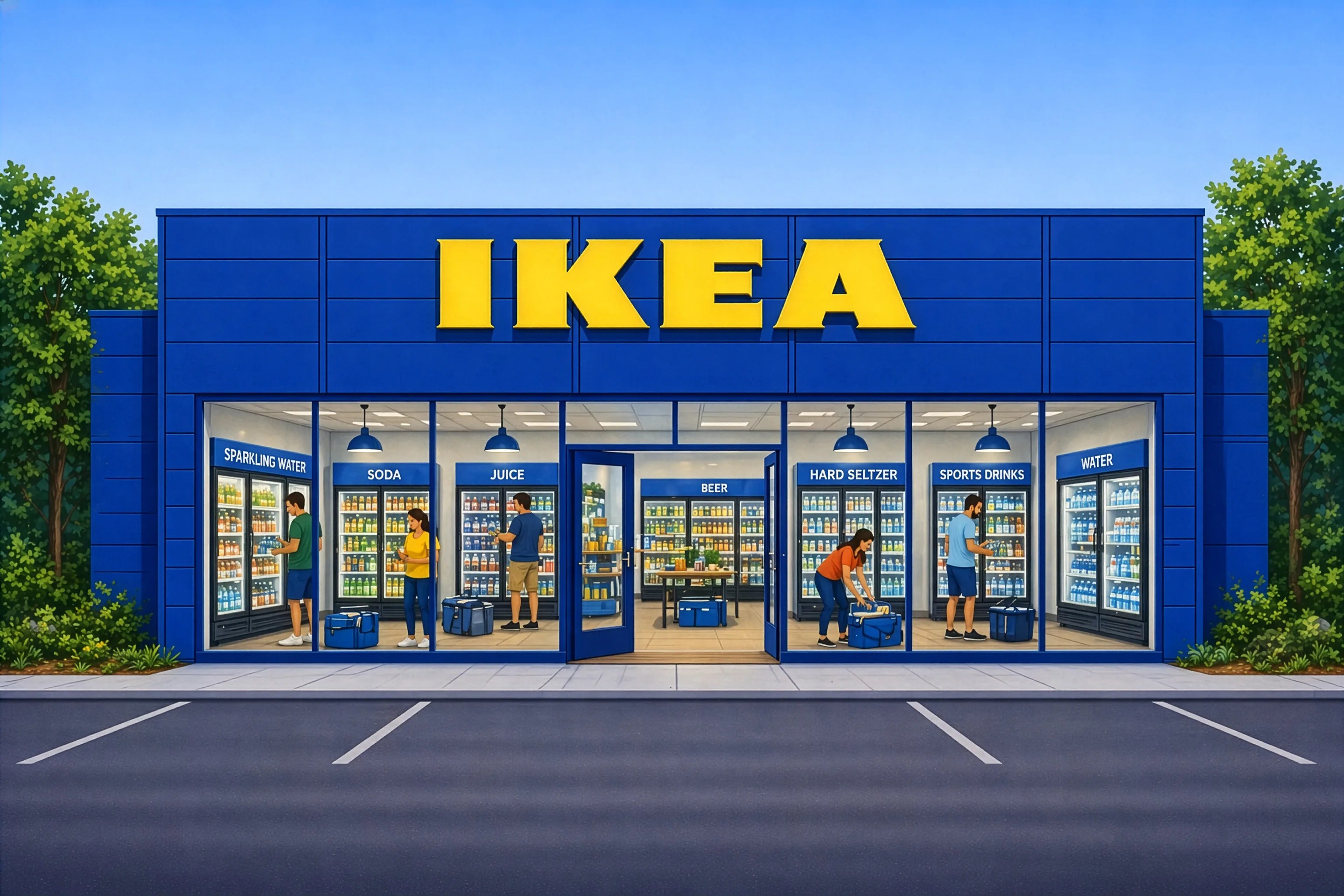 Blue IKEA storefront with large yellow logo and glass windows showing beverage coolers labeled with drink types.
