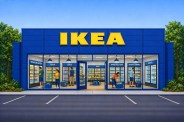 Blue IKEA storefront with large yellow logo and glass windows showing beverage coolers labeled with drink types.