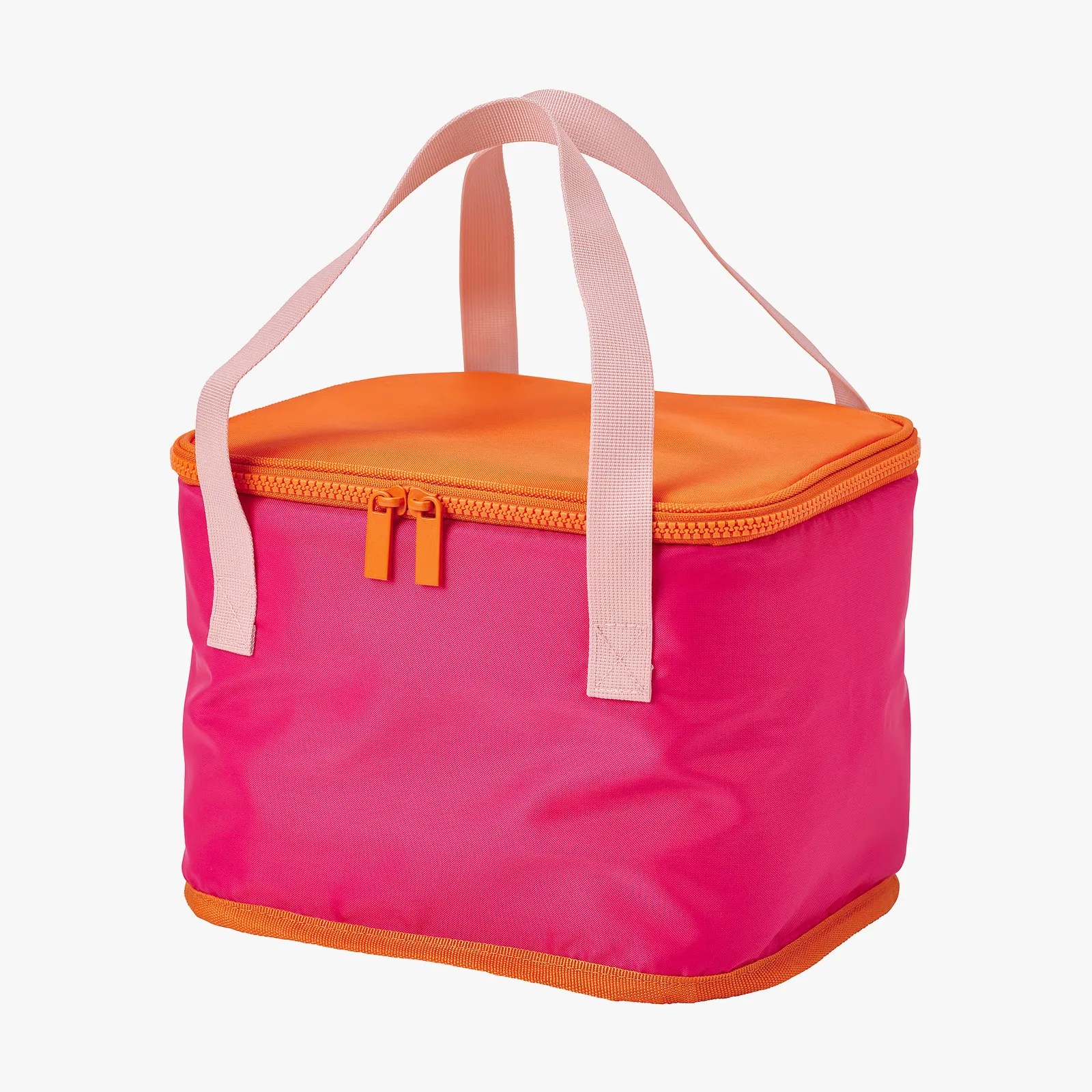 Pink and orange insulated lunch bag with light pink handles and orange zipper.