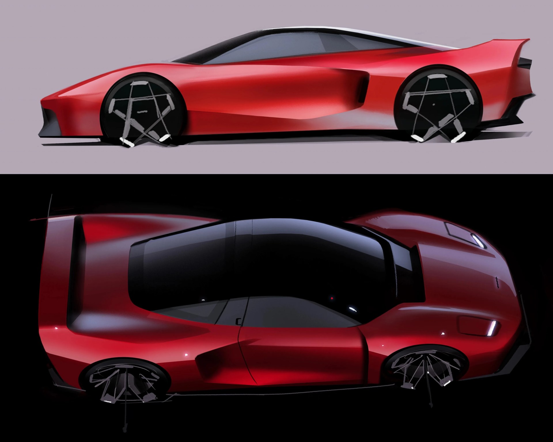 Red sleek sports car with black tinted windows and unique spoke wheel design shown from side and top views.