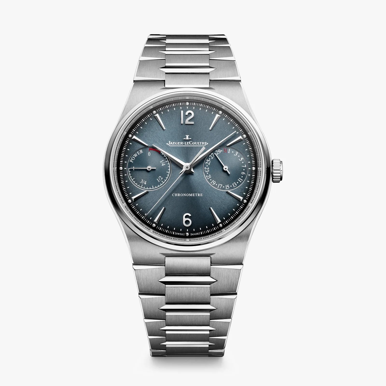 Stainless steel Jaeger-LeCoultre wristwatch with blue sunburst dial, power reserve and date subdials, and metal bracelet.