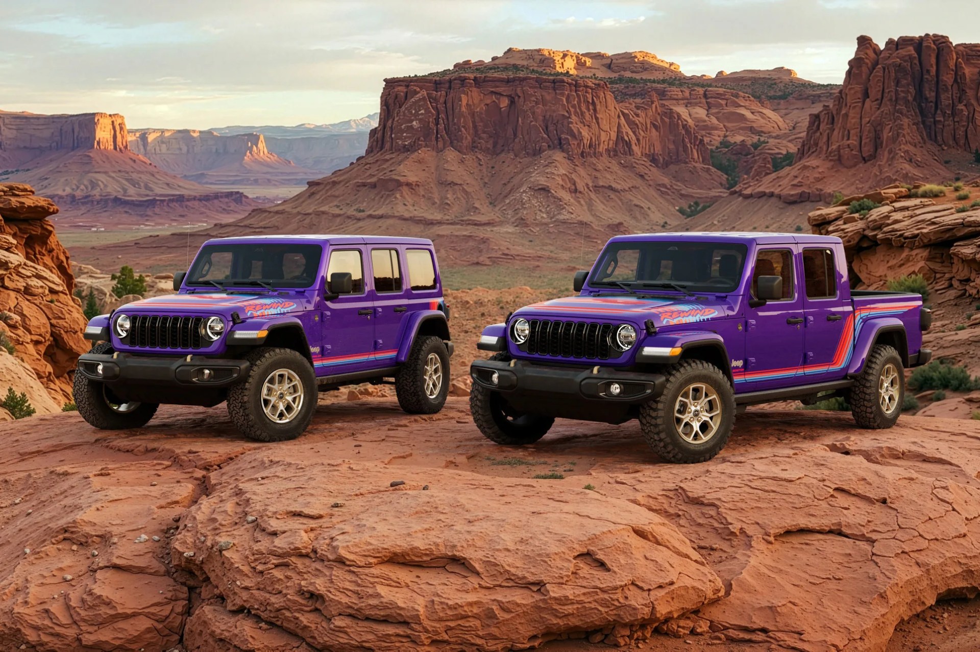Two purple Jeep vehicles with "Rewind" decals parked on red rocky terrain with large rock formations in the background.