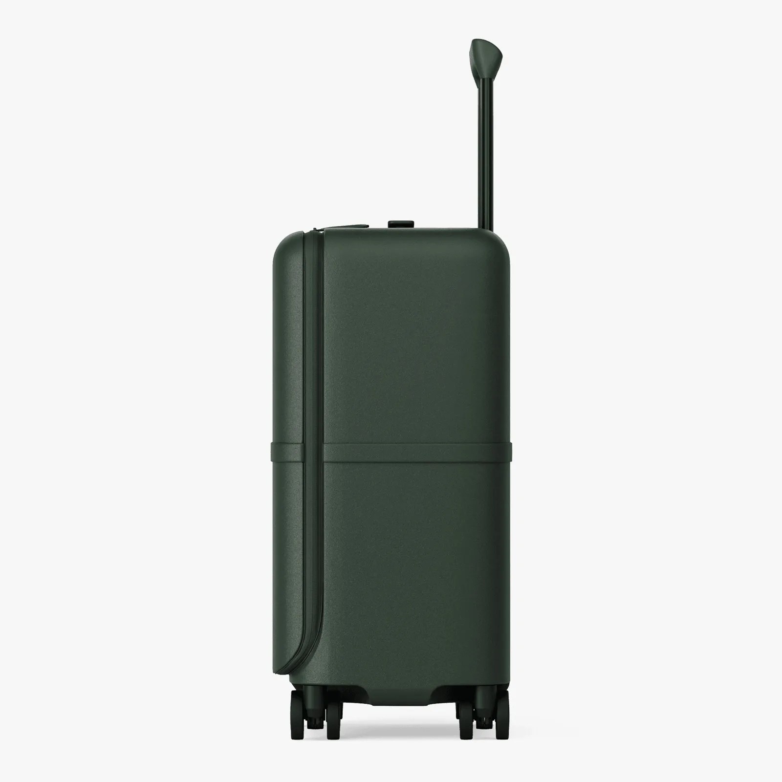 Dark green hard-shell suitcase with four wheels and an extended handle against a white background.