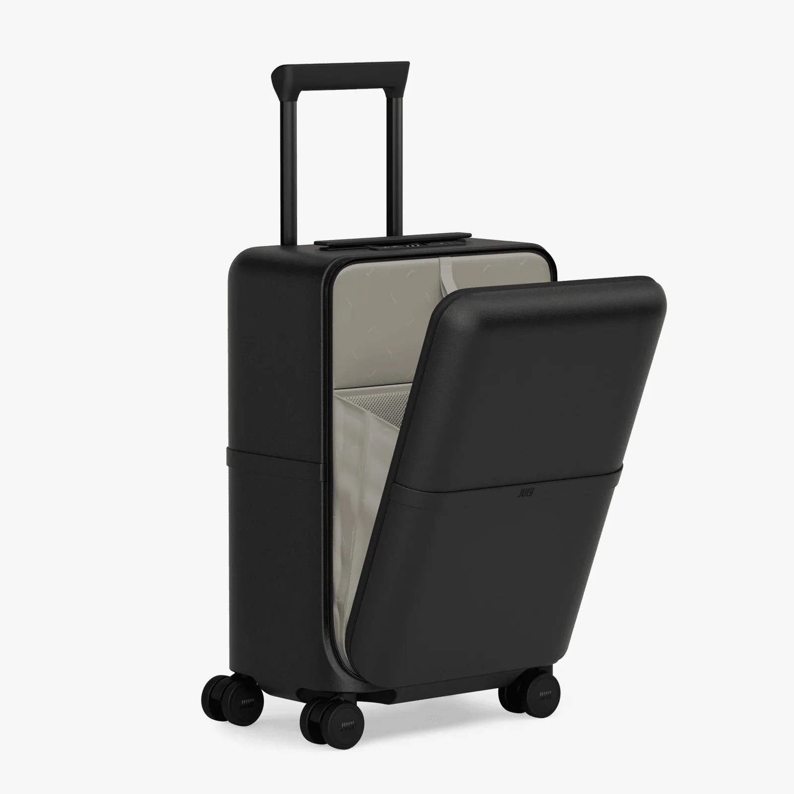 Black hard-shell suitcase with four wheels and an open front compartment showing beige interior pockets.
