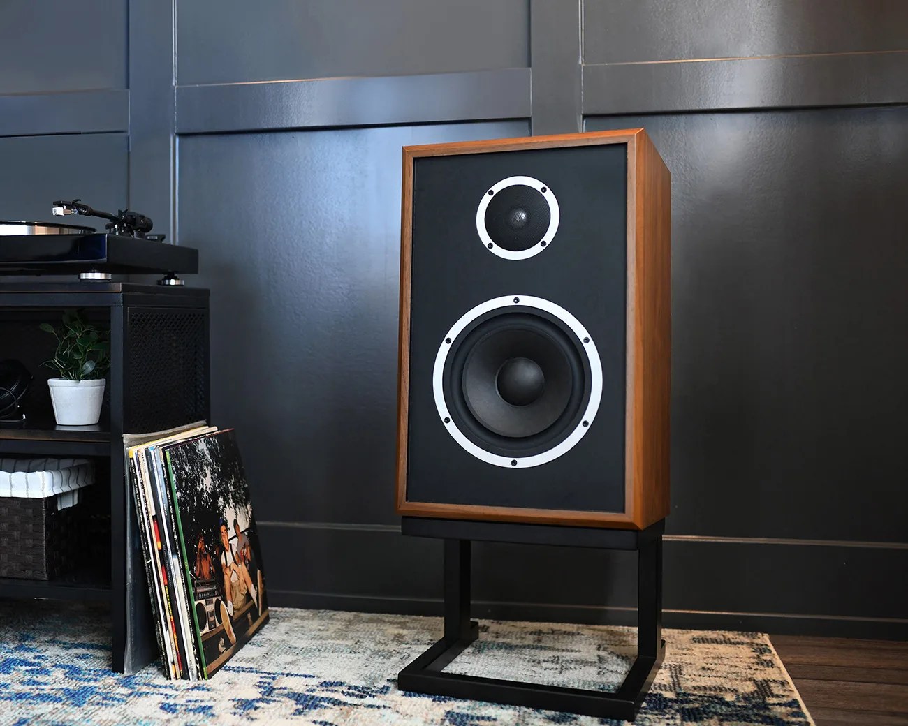 Wood-framed speaker with black front and silver rings on black metal stand on patterned rug.