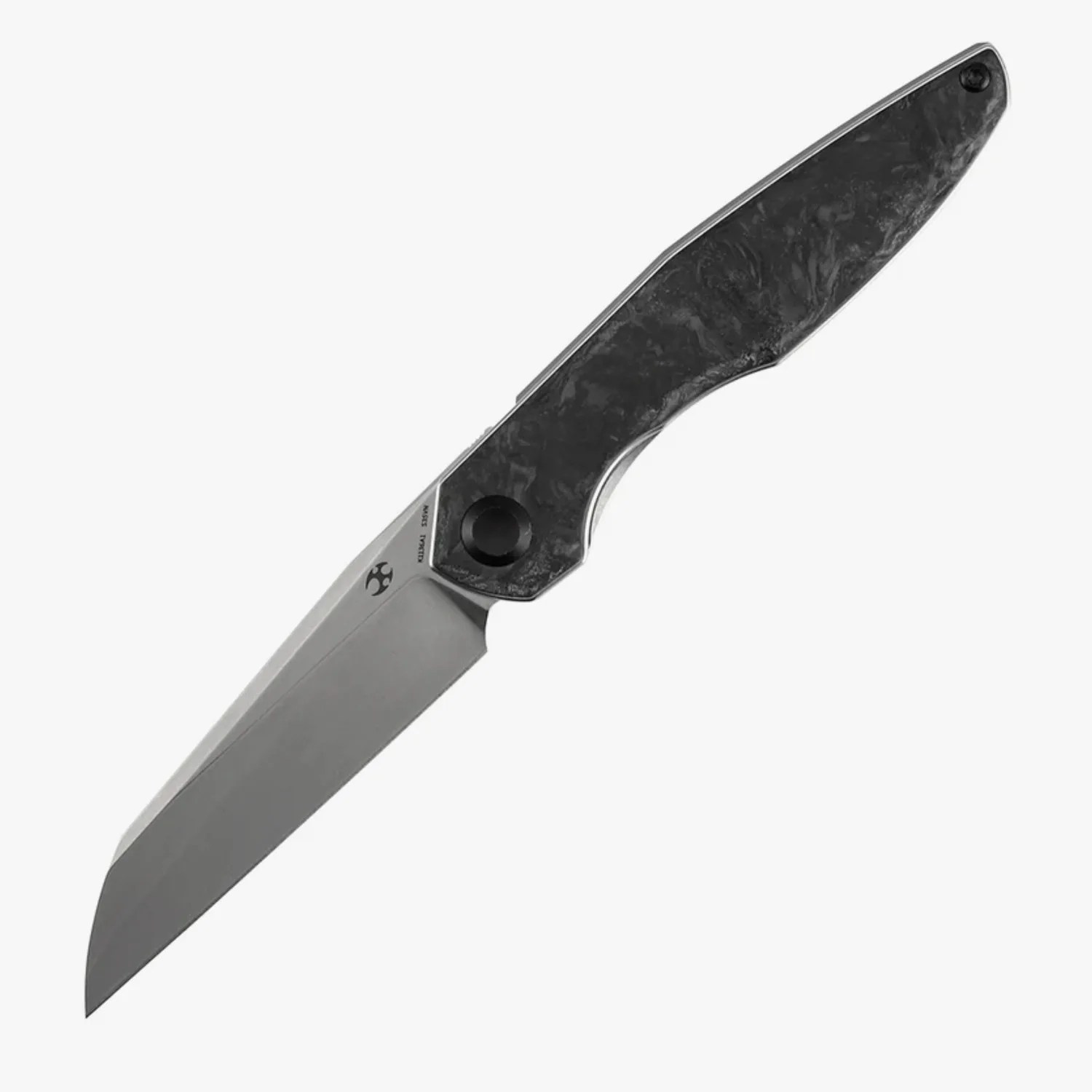 Folding knife with a straight-edged silver blade and a black marbled handle.