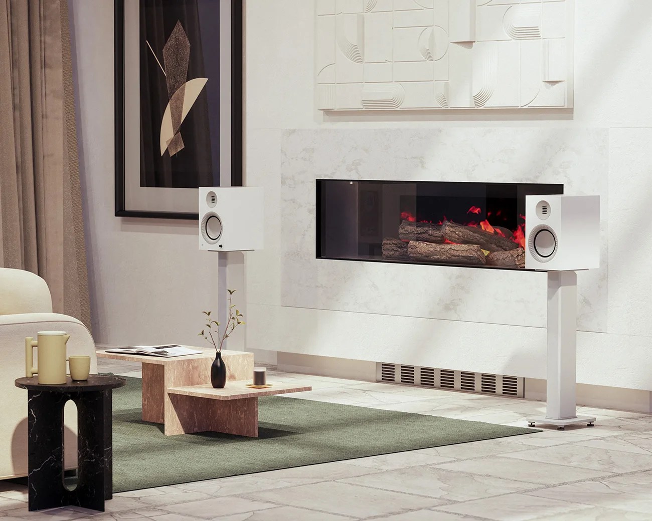 Pair of white bookshelf speakers on stands flanking a modern built-in fireplace in a minimalist living room.