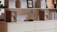 Pair of wooden bookshelf speakers with gold speaker cones on a light wood cabinet with decorative items and books.