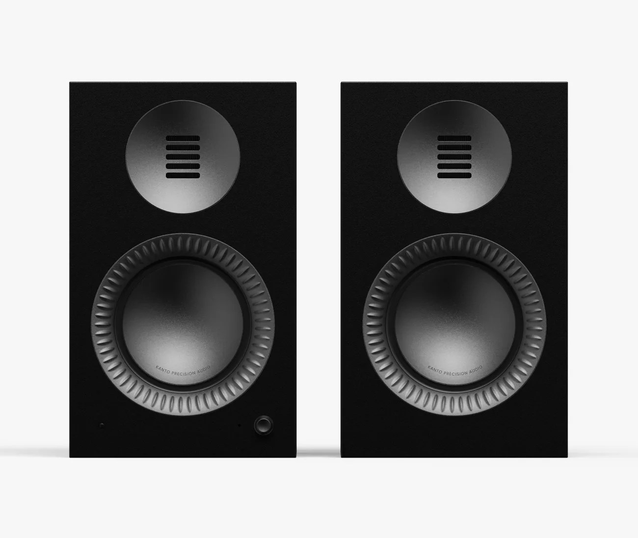Pair of black rectangular speakers with circular drivers and horizontal slits on a white background.