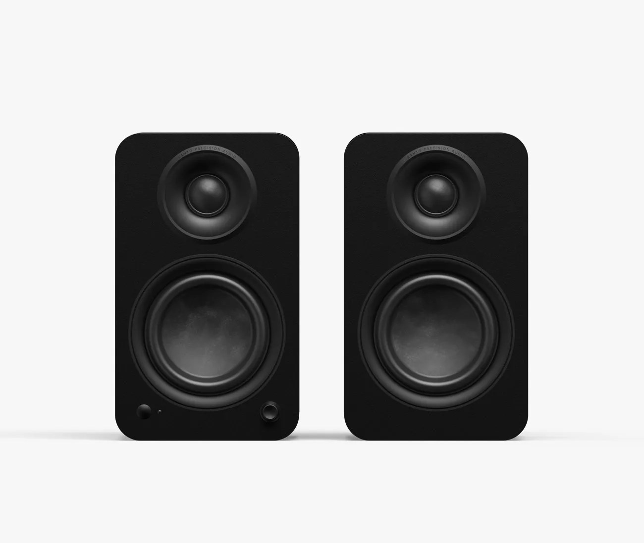 Pair of black rectangular bookshelf speakers with rounded corners and two drivers each on a white background.