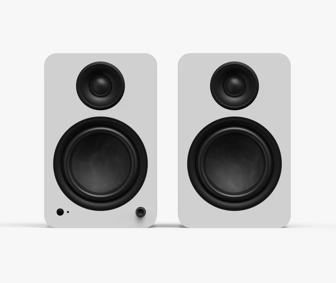 Pair of white rectangular speakers with black circular drivers and control knobs on a white background.
