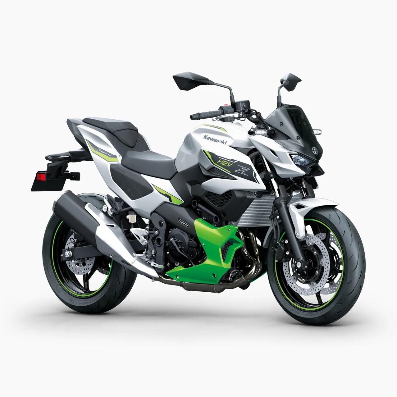 White and green Kawasaki HEV Z sport motorcycle with black accents and dual disc brakes on front wheel.